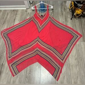 Chic Red Poncho with Geometric Design
